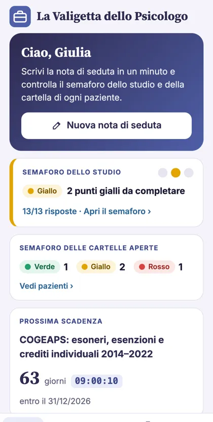 App: schermata iniziale con nuova nota e semafori