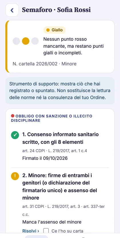 App: semaforo della cartella di una paziente minore