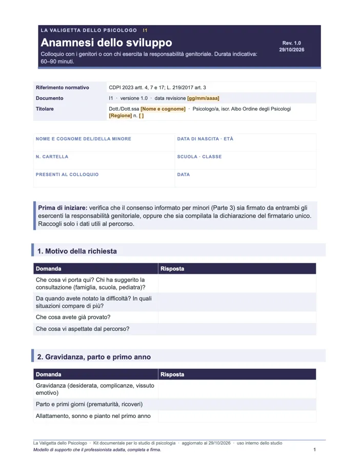 Modulo infantile: anamnesi dello sviluppo (Word e PDF)